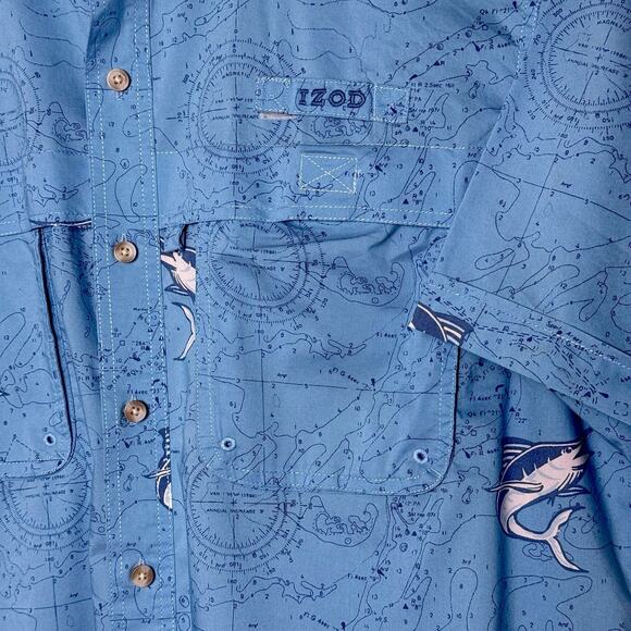 IZOD Sunfaster Fishing Shirt XL Blue Marlin Short Sleeve Performance Button Down - Picture 9 of 11